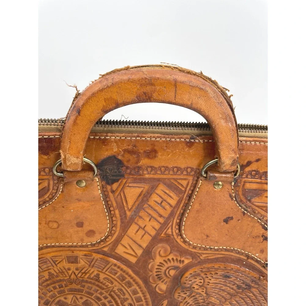 Vintage Mexican Hand Tooled Leather Briefcase - Aztec Sun Stone & Eagle -‎ As-Is
